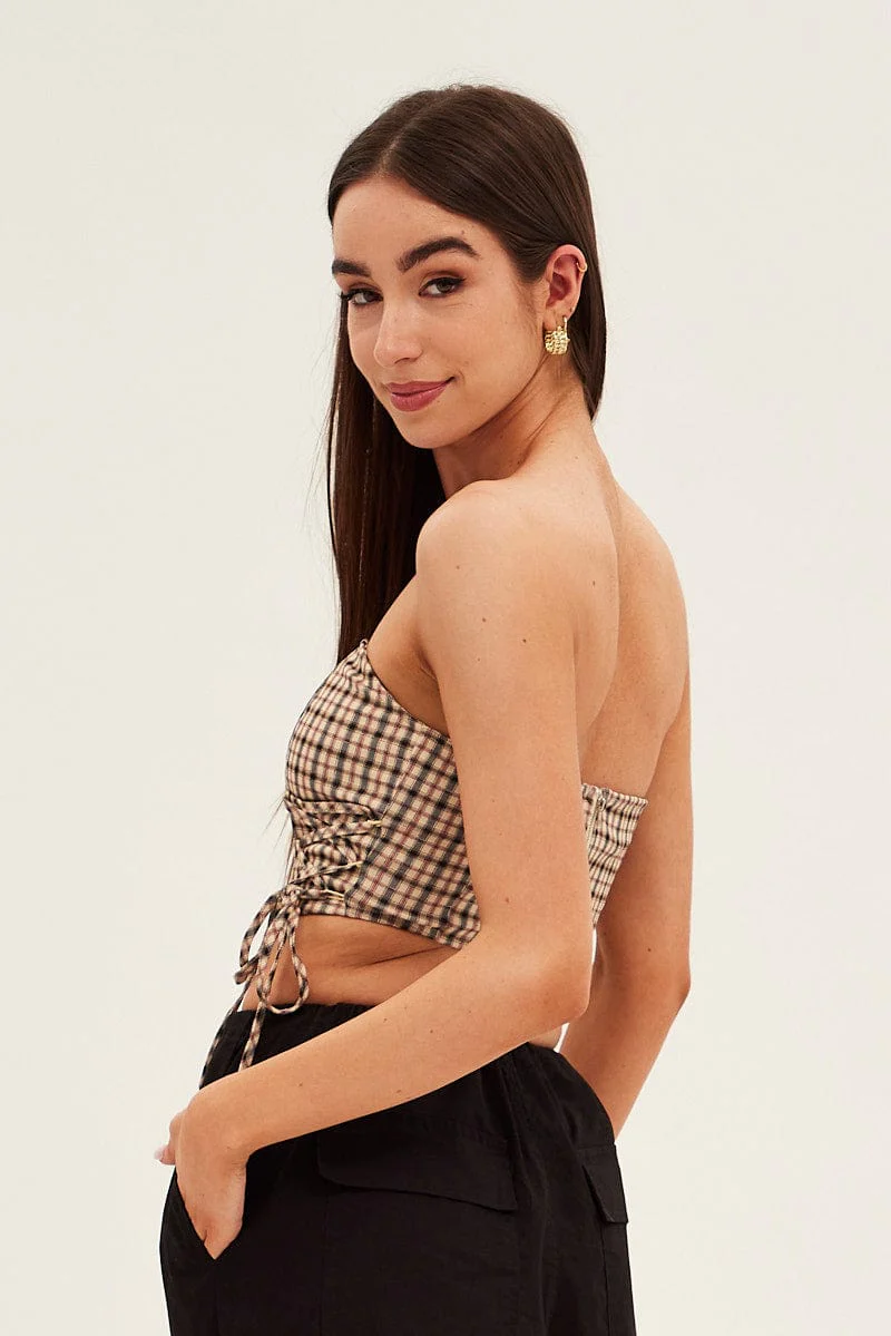 Brown Check Corset Top Strapless Crop Structured Tie Up Detail - Image 5