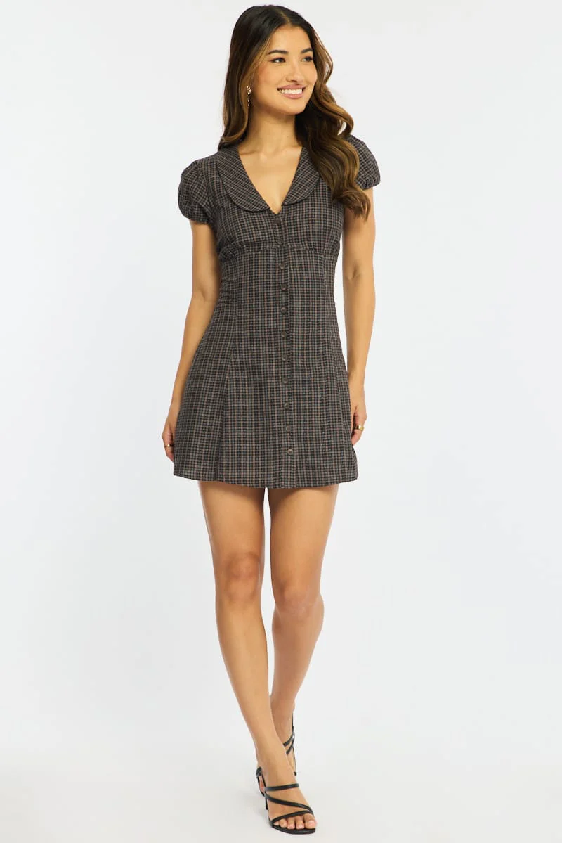 Brown Check Shirts Dress Collared Mini - Image 3