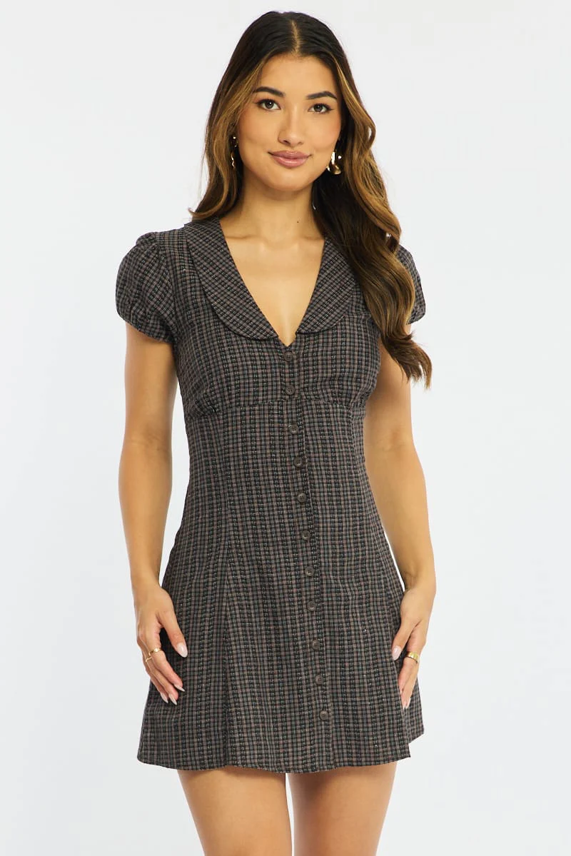Brown Check Shirts Dress Collared Mini - Image 4
