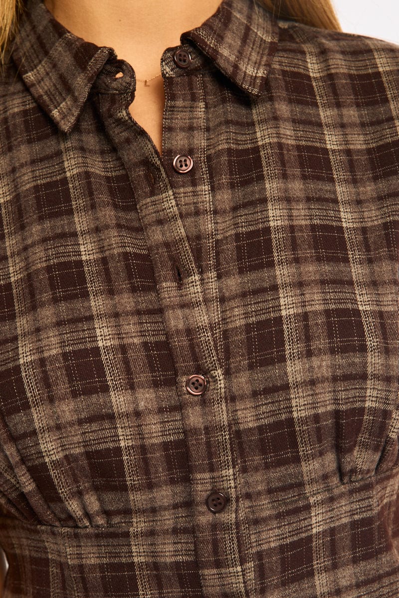 Brown Check Short Sleeve Fitted Check Shirt - Image 5