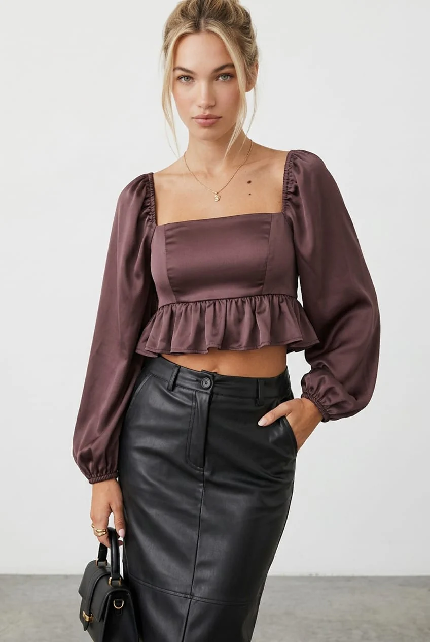 Brown Crop Top Long Sleeve Square Neck Frill Hem Satin