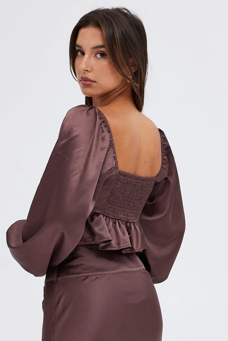 Brown Crop Top Long Sleeve Square Neck Frill Hem Satin - Image 6