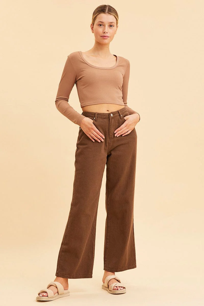 Brown Crop Top Scoop Neck Long Sleeve Rib - Image 2