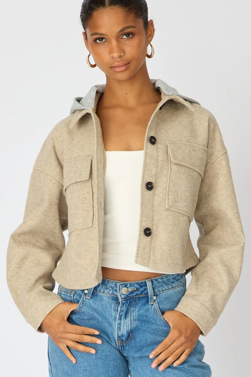 Brown Cropped Long Sleeve Shacket