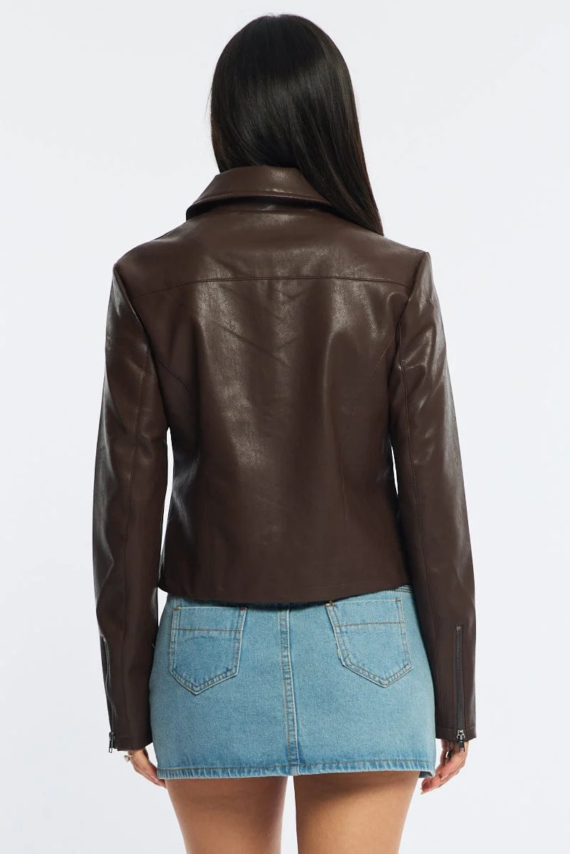 Brown Faux Leather Jacket Long Sleeve - Image 5