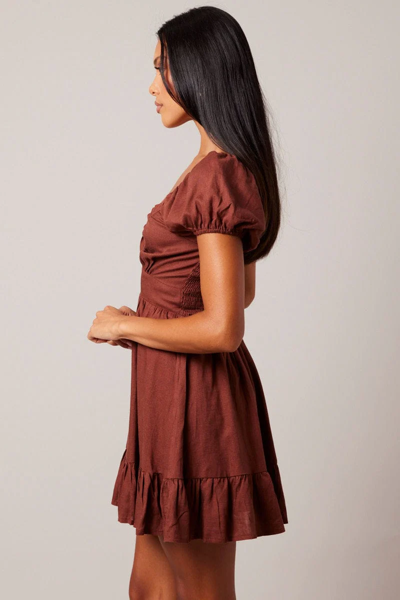 Brown Fit And Flare Dress Puff Sleeve - Image 4