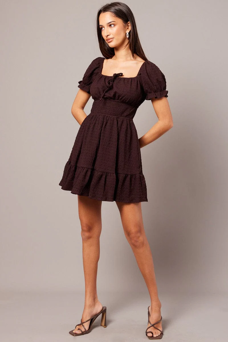 Brown Fit And Flare Dress Puff Sleeve Textured fabric - Image 3