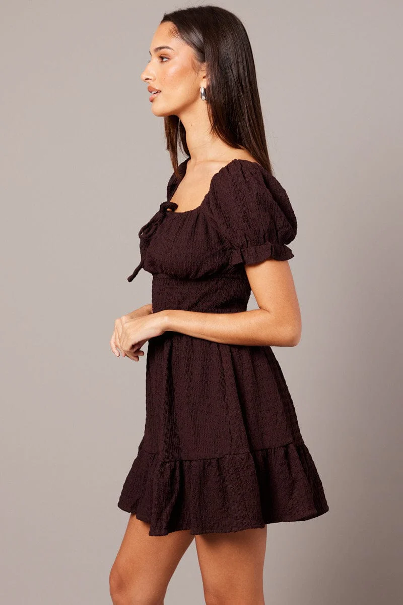 Brown Fit And Flare Dress Puff Sleeve Textured fabric - Image 4