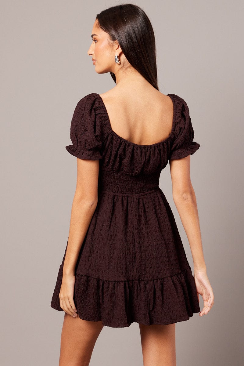 Brown Fit And Flare Dress Puff Sleeve Textured fabric - Image 5