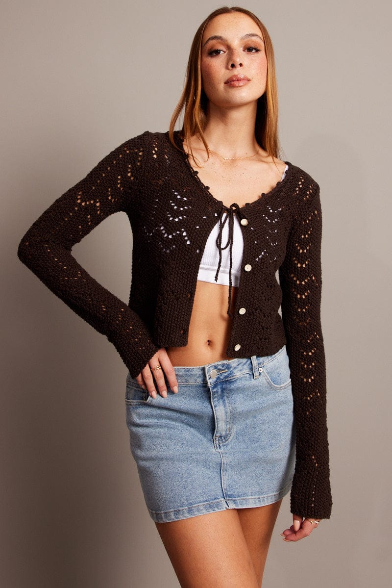 Brown Fitted Cardigan Long Sleeve Slim Fit Round Neck - Image 3