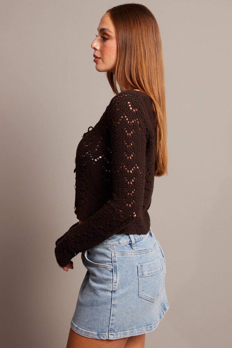 Brown Fitted Cardigan Long Sleeve Slim Fit Round Neck - Image 4