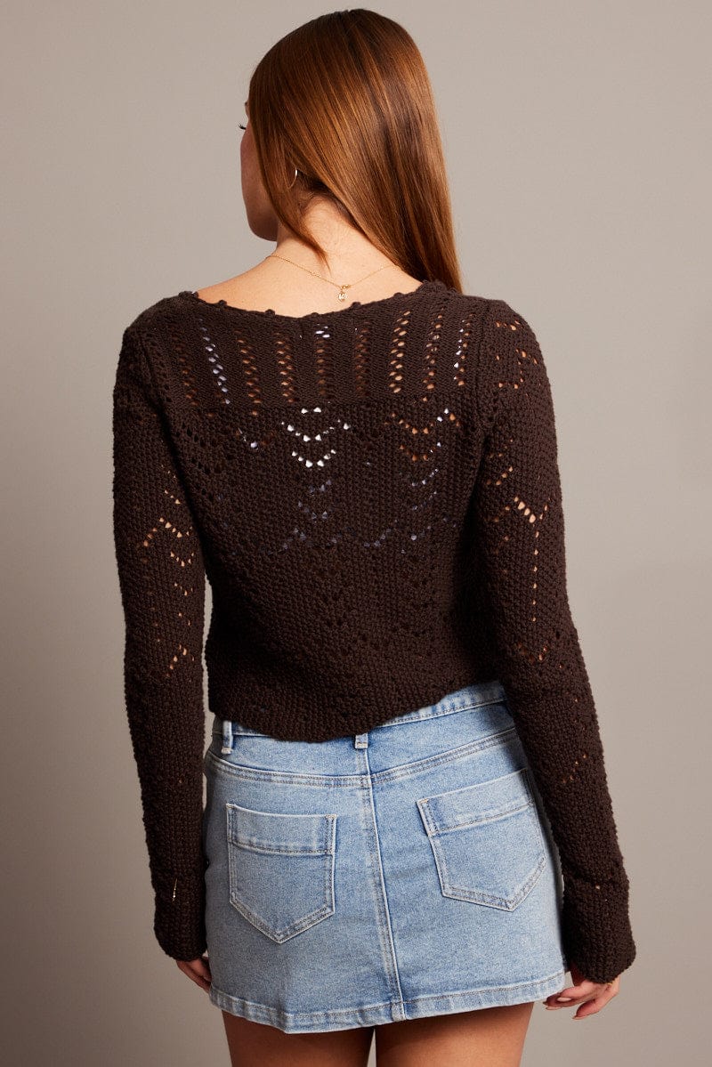 Brown Fitted Cardigan Long Sleeve Slim Fit Round Neck - Image 5