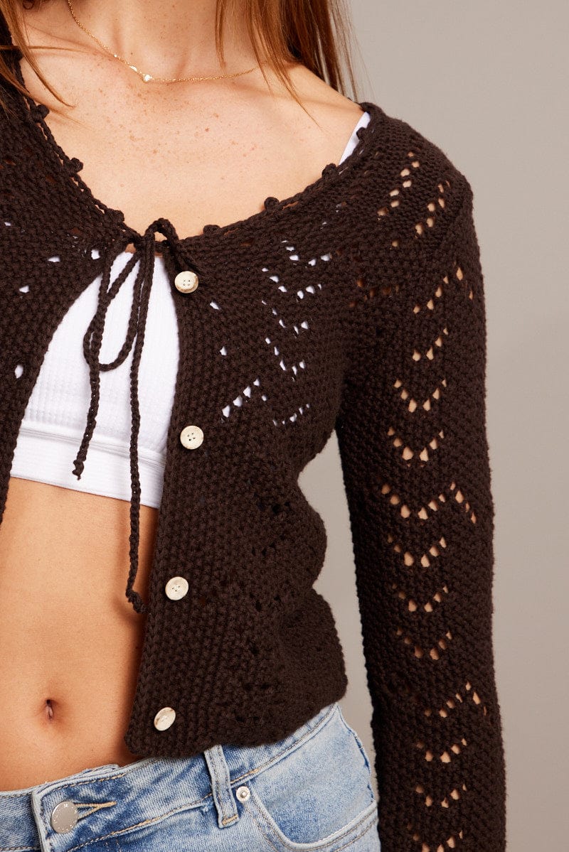 Brown Fitted Cardigan Long Sleeve Slim Fit Round Neck - Image 6