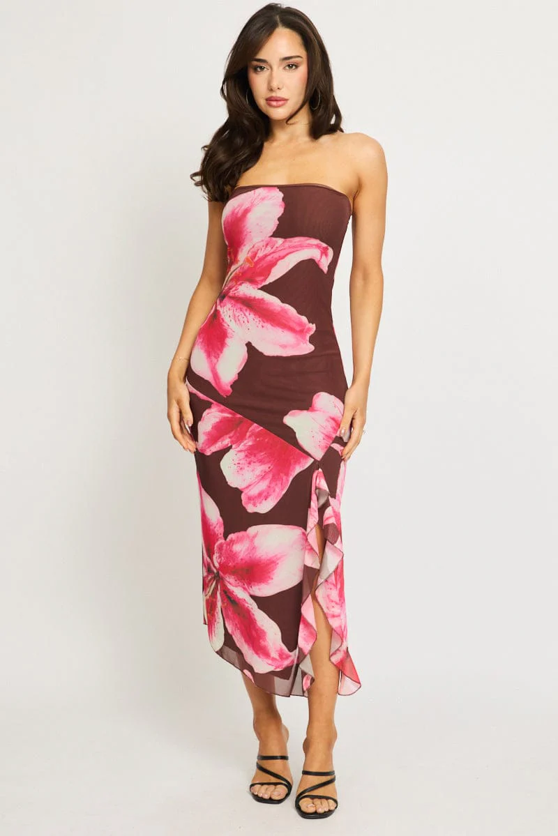 Brown Floral Bodycon Dress Mesh Floral - Image 2