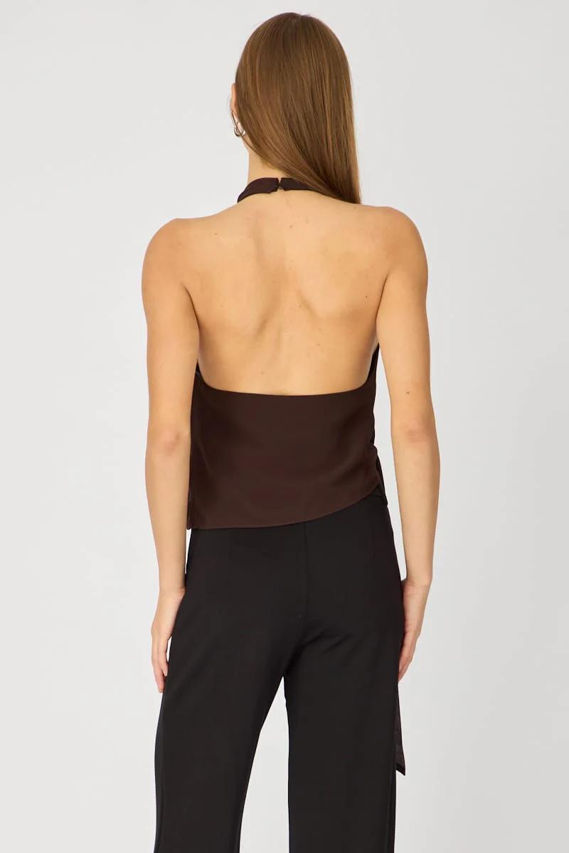 Brown Halter Chiffon Top Sleeveless Wrap Around Style - Image 5