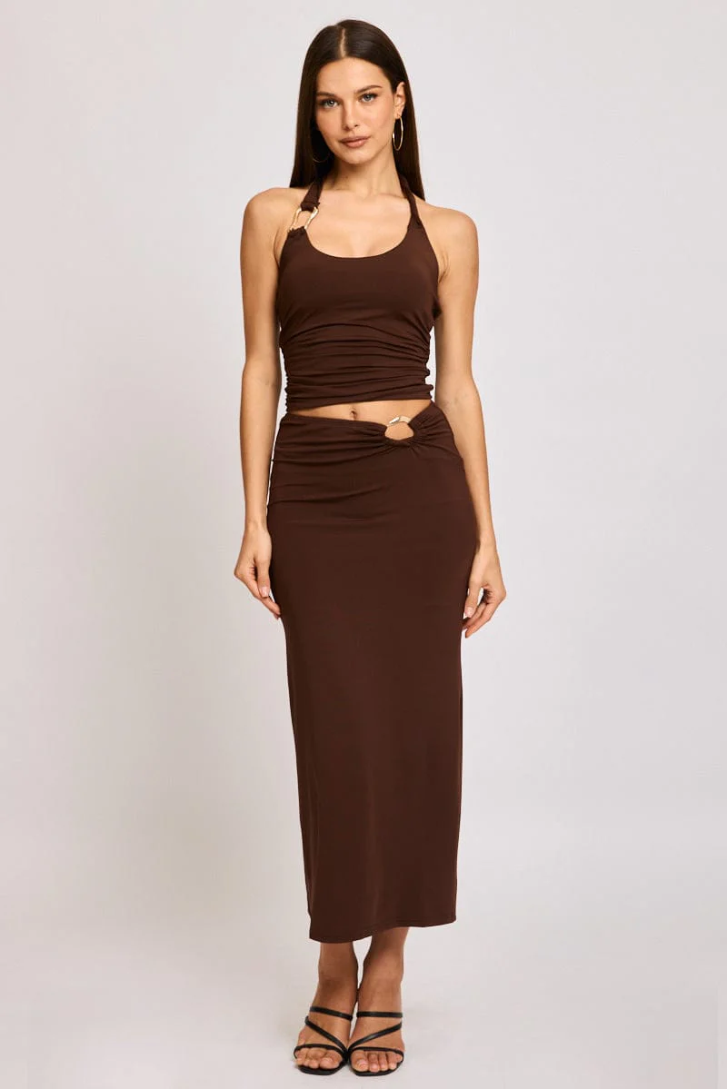 Brown Hardware Buckle Maxi Skirt Elastic Waist Lined