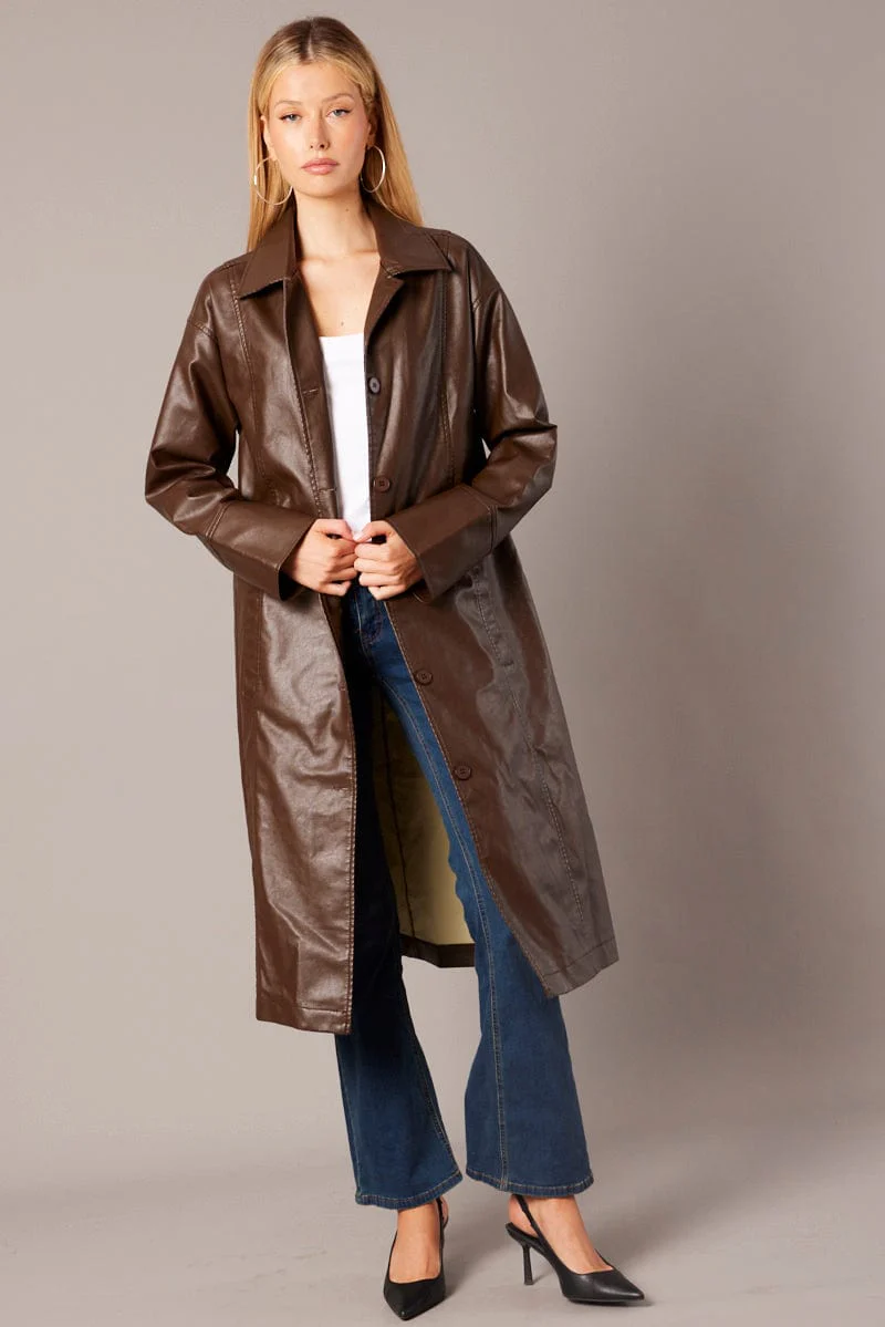Brown Jacket Longline Collar Long Sleeve Faux Leather - Image 2