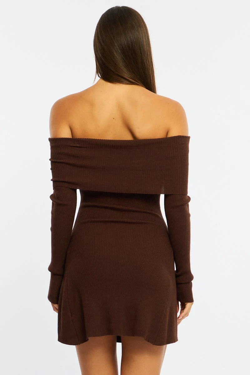 Brown Knit Dress Long Sleeve Off Shoulder - Image 5