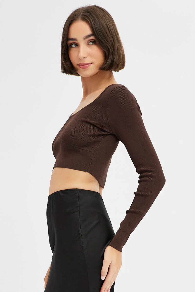 Brown Knit Top Long Sleeve Crop - Image 4
