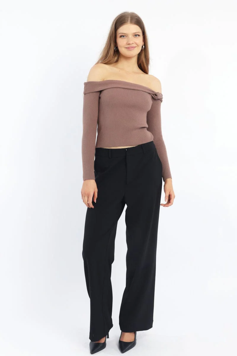 Brown Knit Top Long Sleeve Off Shoulder - Image 2