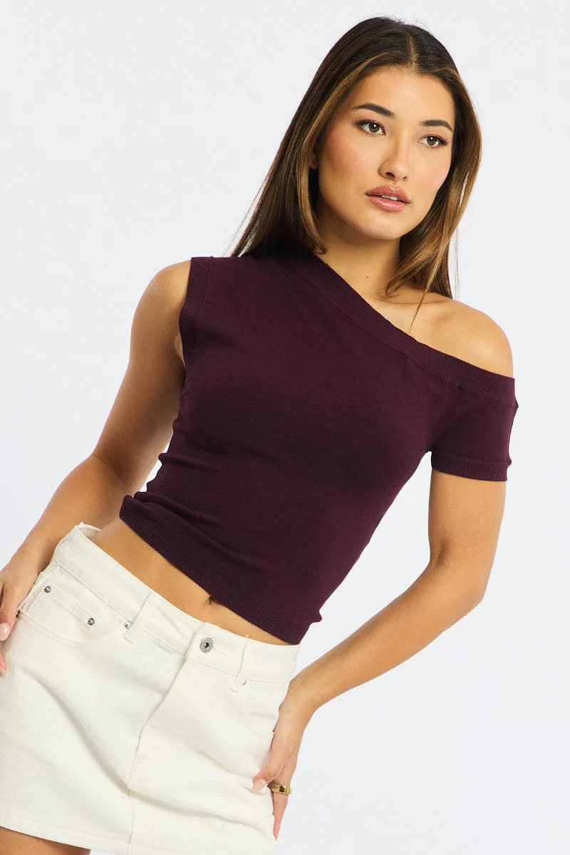 Brown Knit Top Off Shoulder