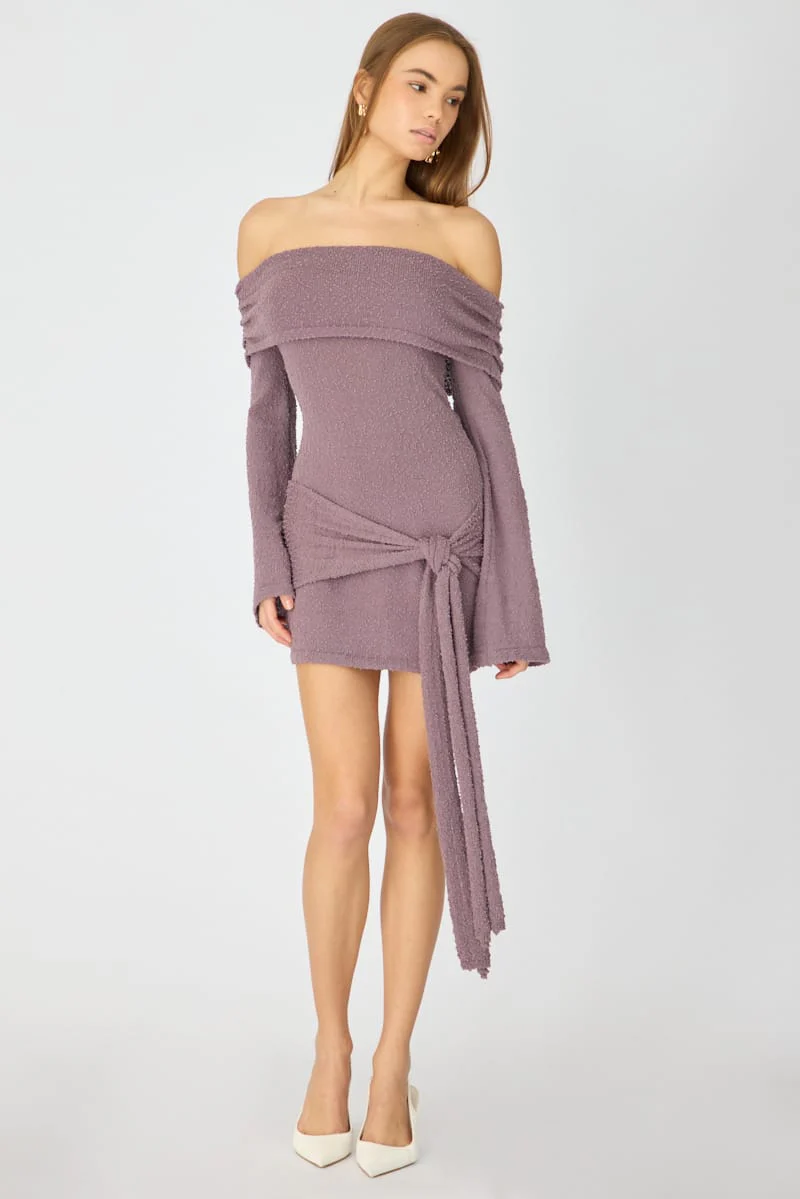 Brown Knitted Off Shoulder Tie Waist Mini Dress - Image 2