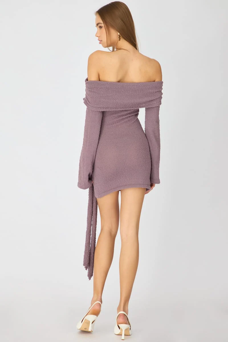 Brown Knitted Off Shoulder Tie Waist Mini Dress - Image 5