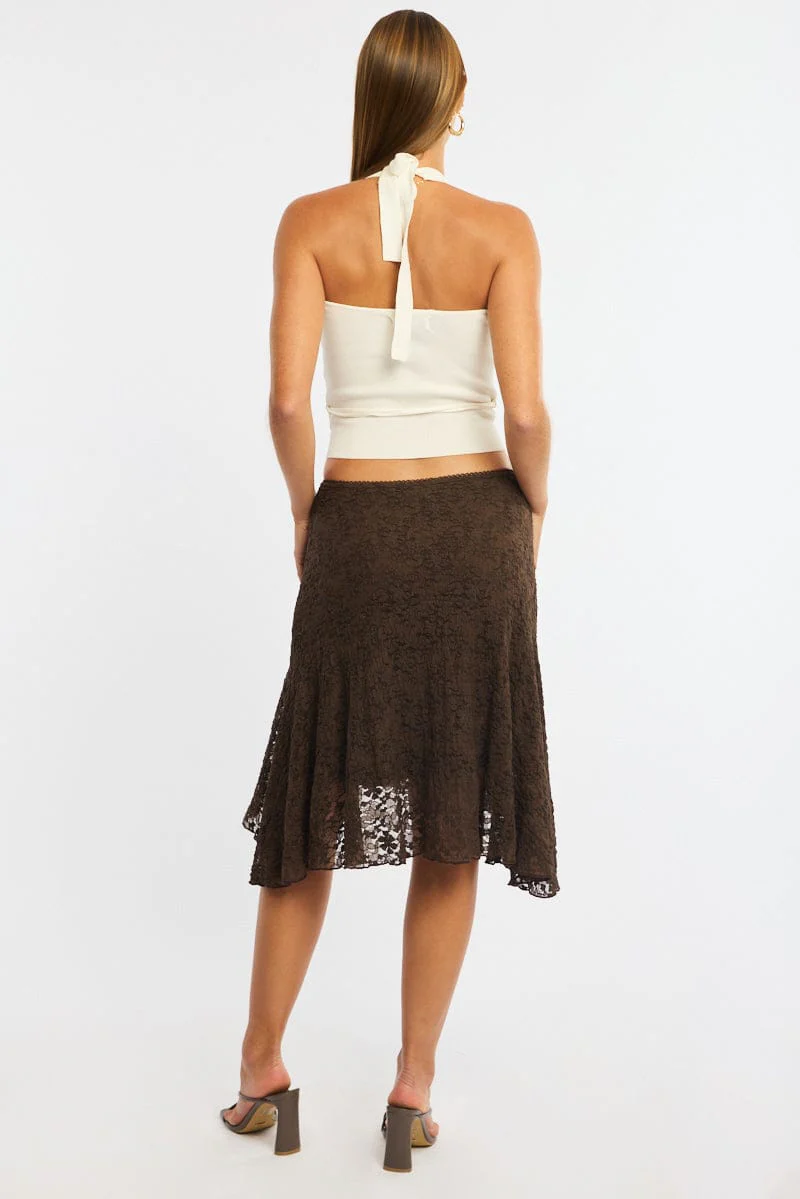 Brown Lace Midi Skirt Mid Rise Textured Lined - Image 5