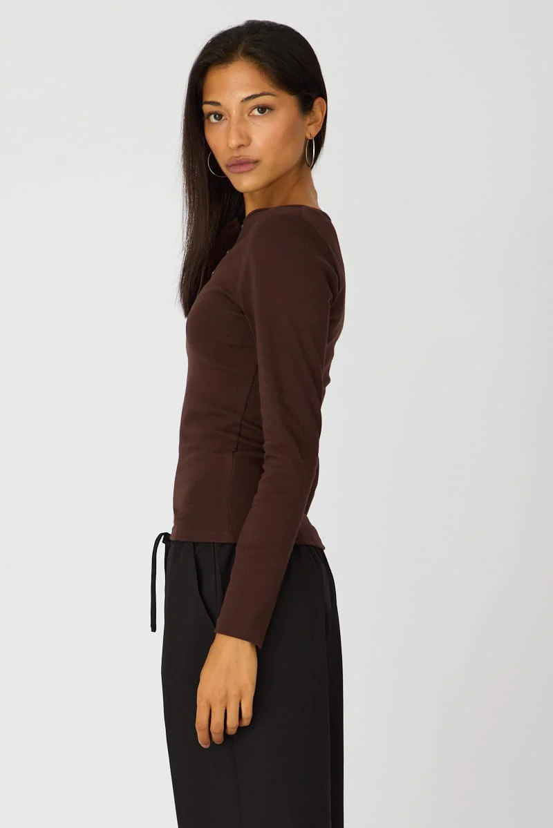 Brown Long Sleeve Henley Shirt - Image 4