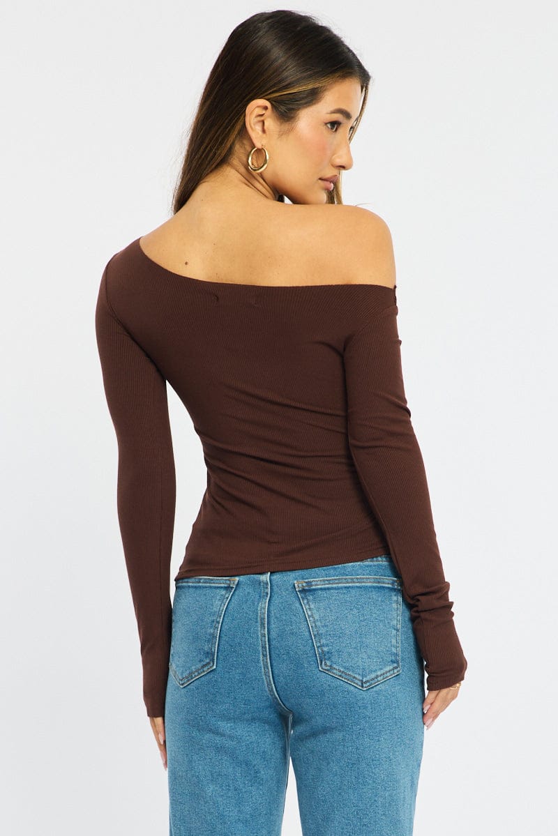 Brown Long Sleeve Rib Asymmetric Top - Image 4