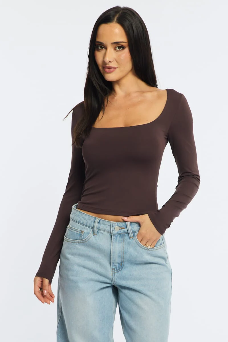 Brown Long Sleeve Slim Fit Scoop Neck Top - Image 2