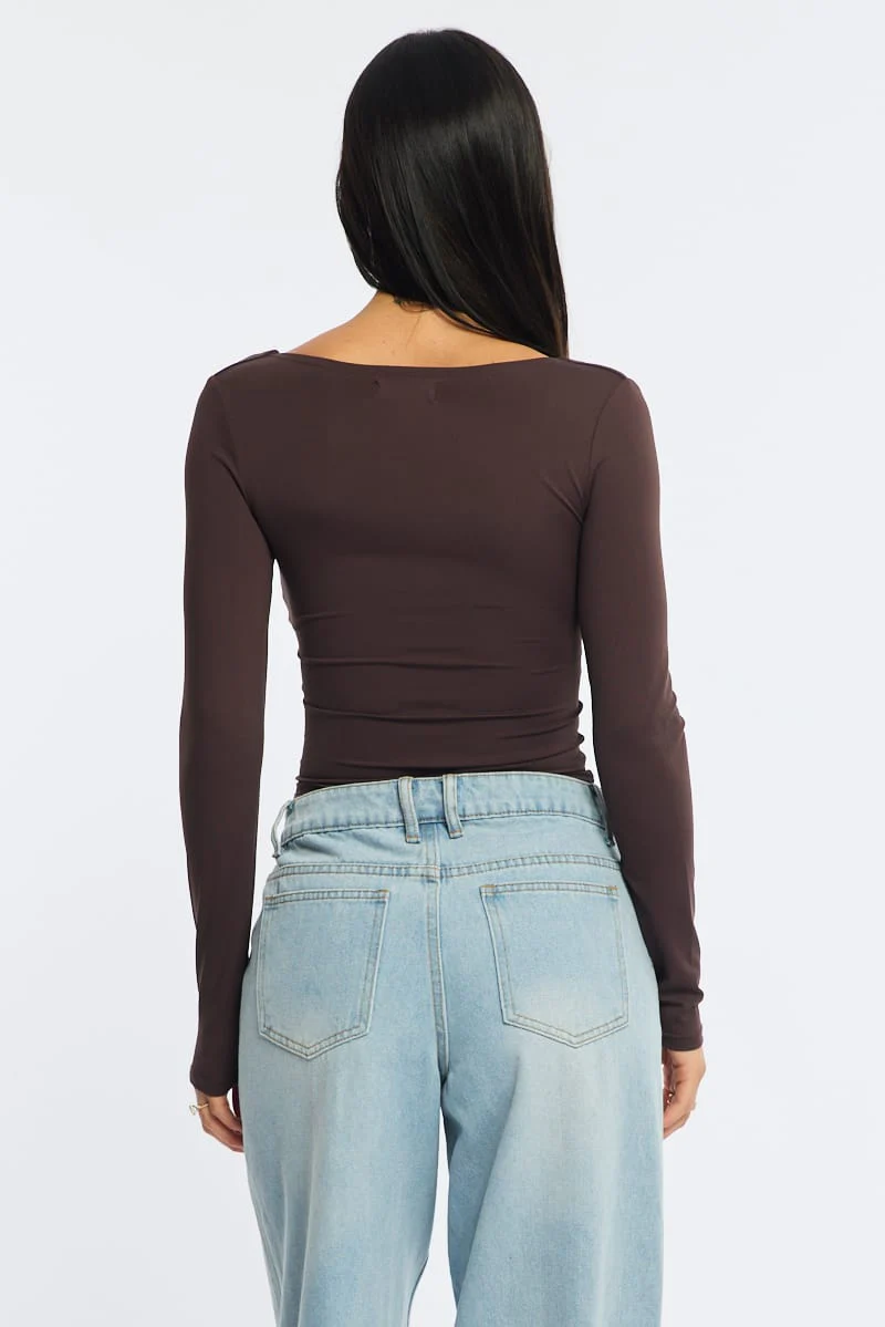 Brown Long Sleeve Slim Fit Scoop Neck Top - Image 6