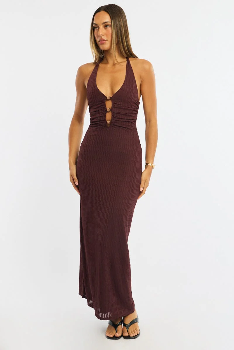 Brown Maxi Dress Beading Trim Textured Fabric - Image 3