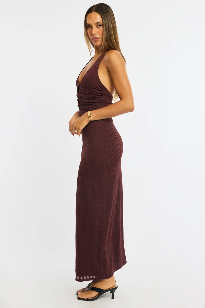 Brown Maxi Dress Beading Trim Textured Fabric - Image 4