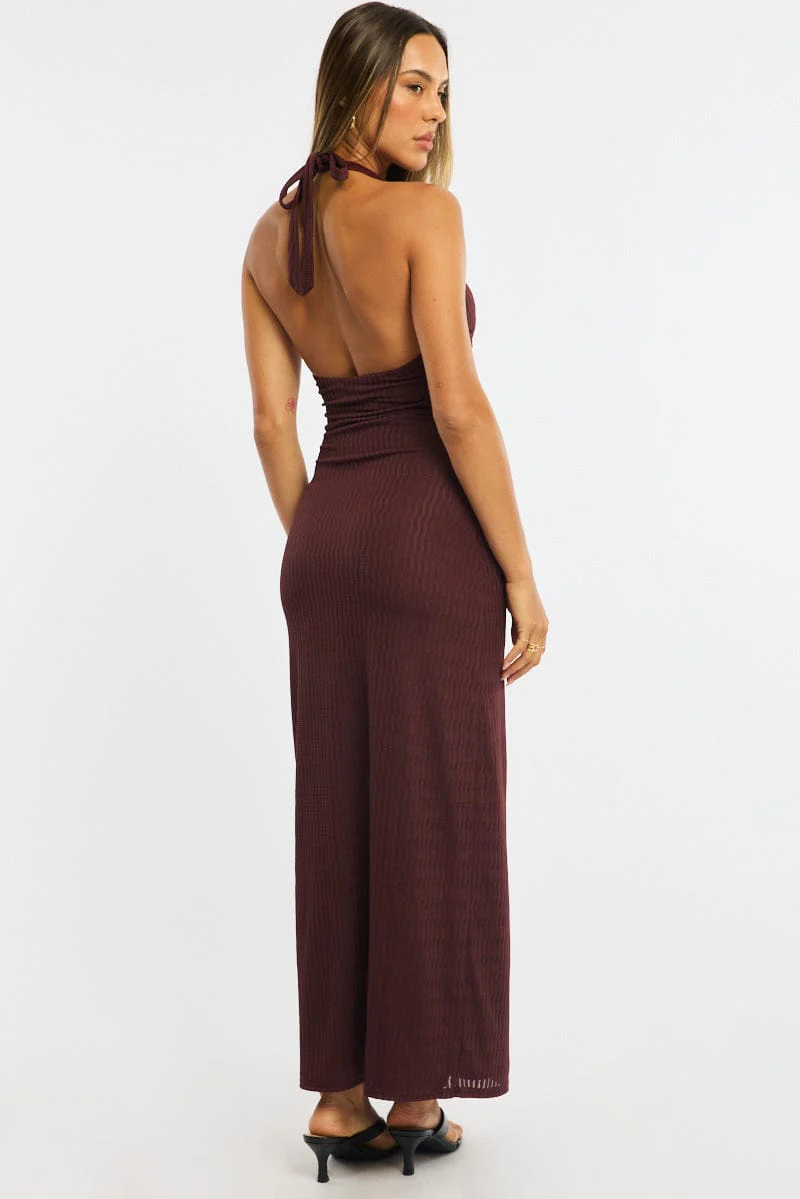 Brown Maxi Dress Beading Trim Textured Fabric - Image 5