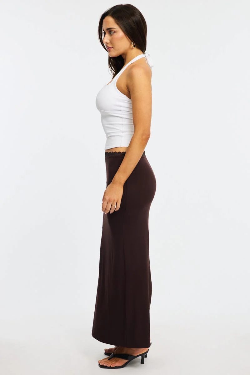 Brown Maxi Skirt Elastic Waist Lace Trim Detail Lined - Image 3