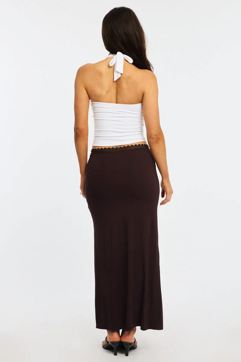 Brown Maxi Skirt Elastic Waist Lace Trim Detail Lined - Image 4