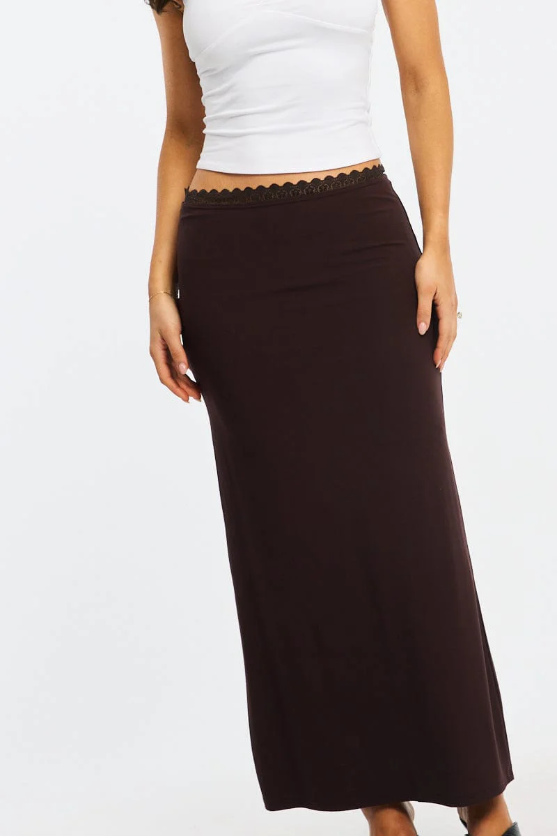 Brown Maxi Skirt Elastic Waist Lace Trim Detail Lined - Image 5