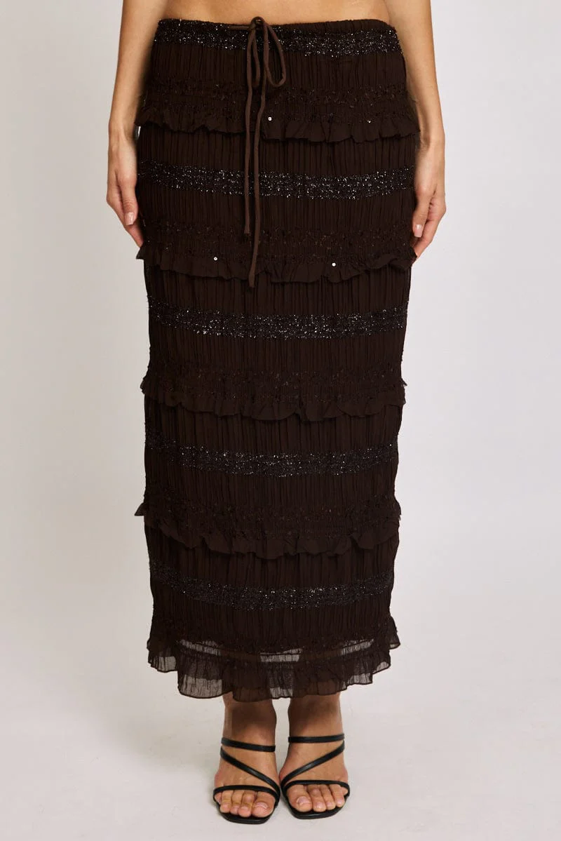 Brown Maxi Skirt Elastic Waistband Ruffle Textured - Image 2