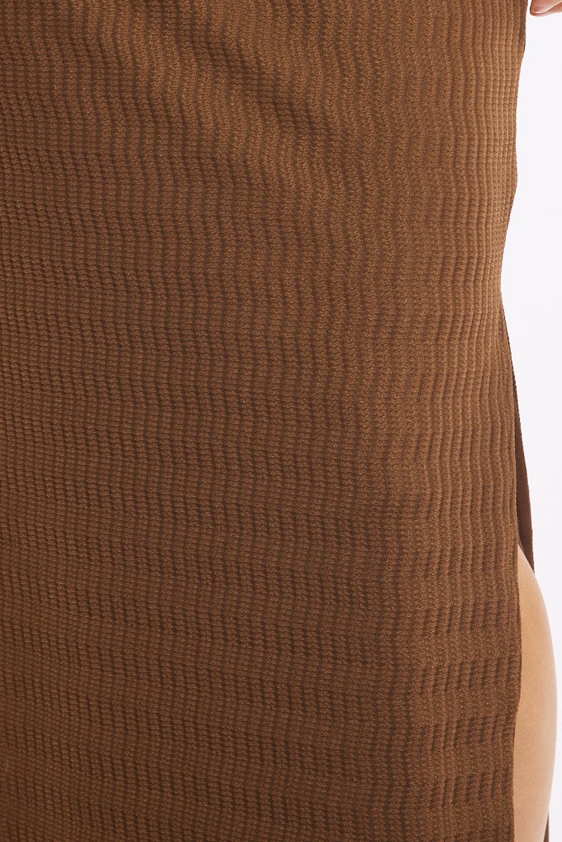 Brown Maxi Skirt Elasticated Waist Side Split Textured - Image 5