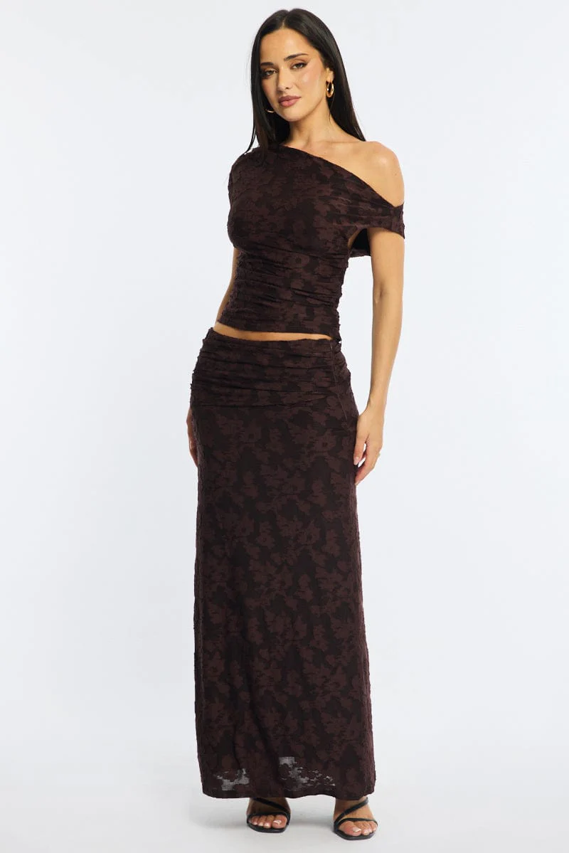 Brown Maxi Skirt Textured Gathered Waist Stretch Lined - Image 3