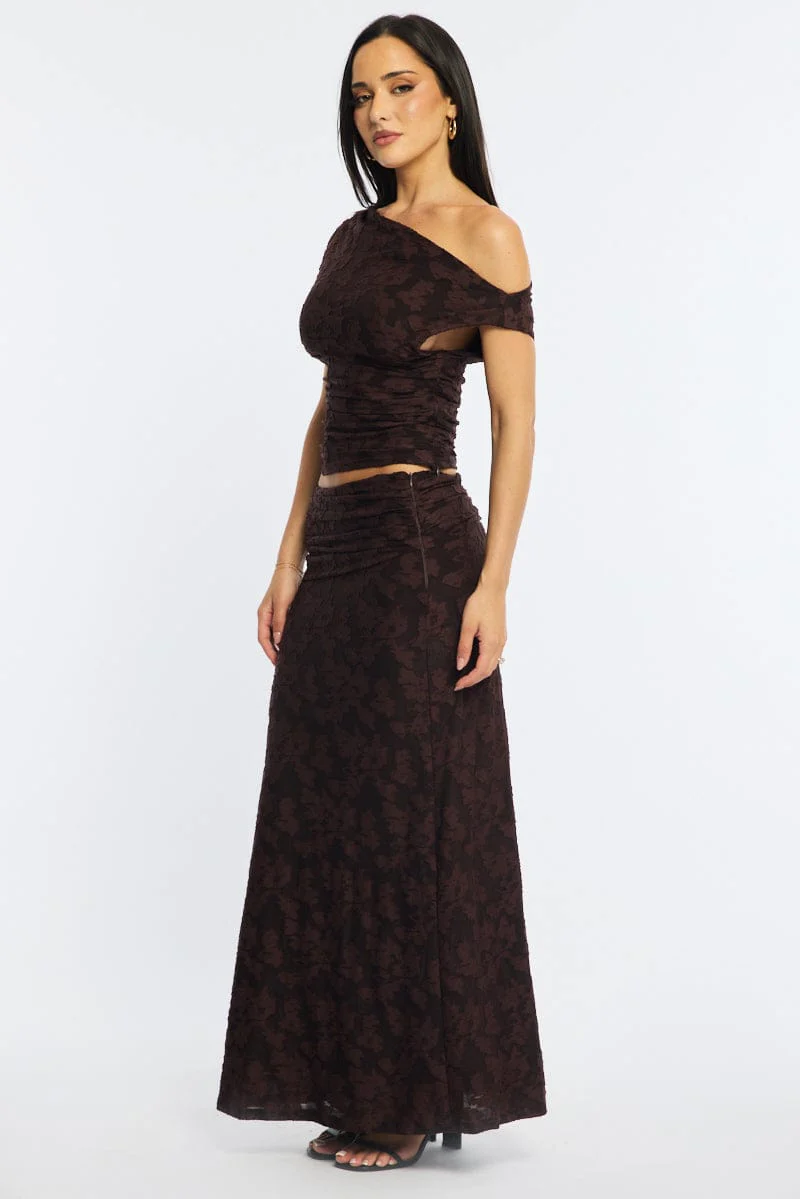 Brown Maxi Skirt Textured Gathered Waist Stretch Lined - Image 4