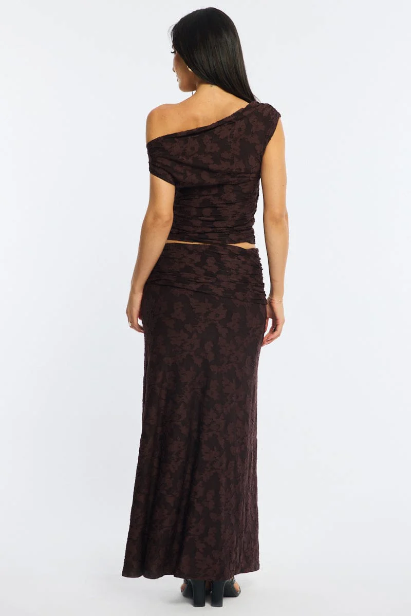 Brown Maxi Skirt Textured Gathered Waist Stretch Lined - Image 5