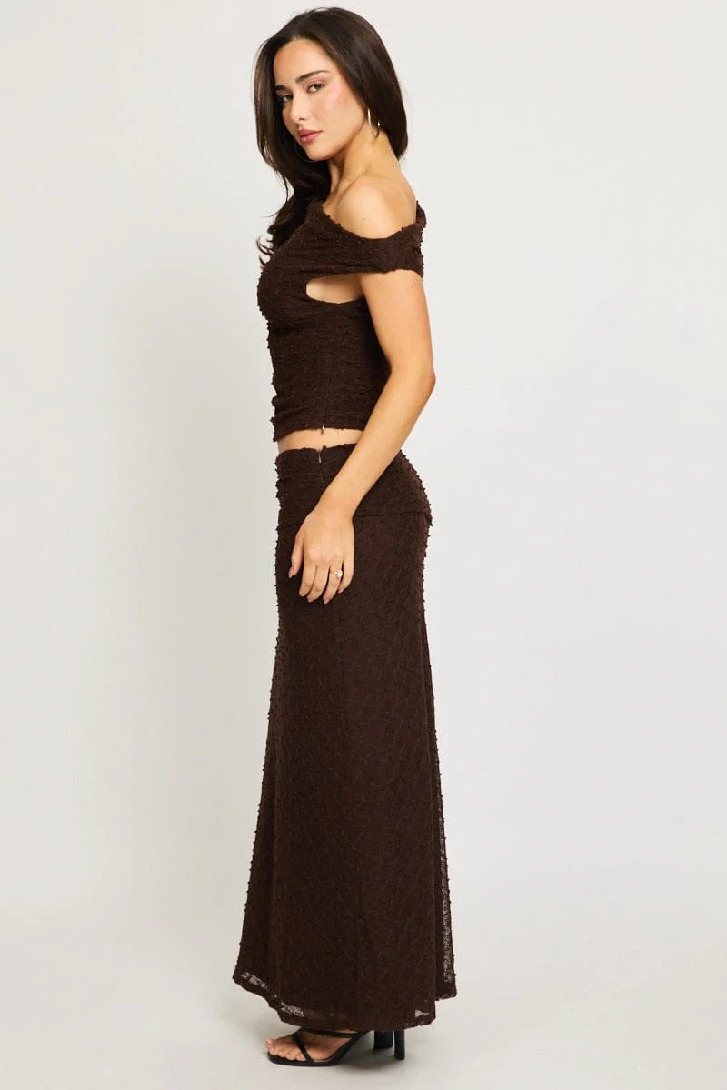 Brown Maxi Skirt Textured Gathered Waist Stretch Lined - Image 3