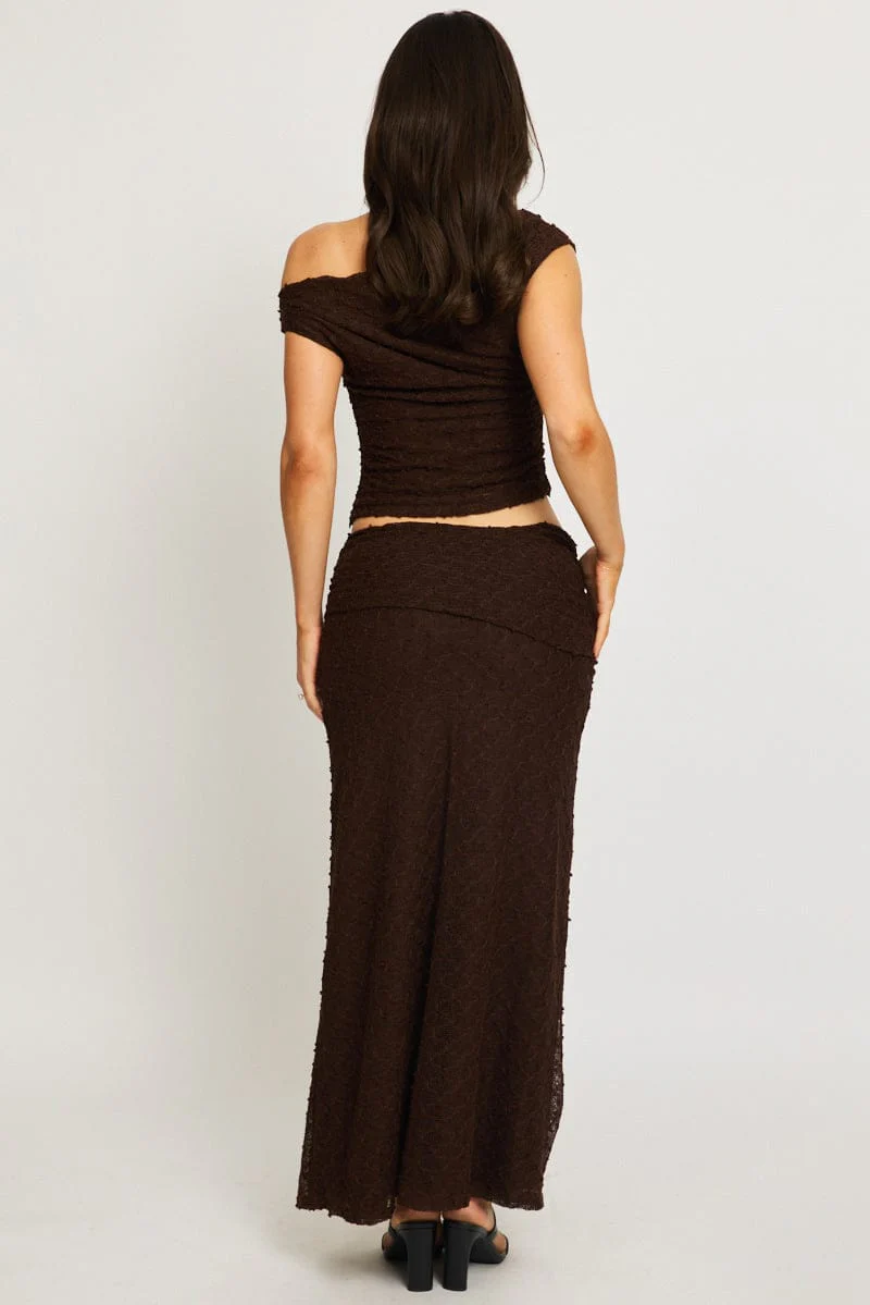 Brown Maxi Skirt Textured Gathered Waist Stretch Lined - Image 4