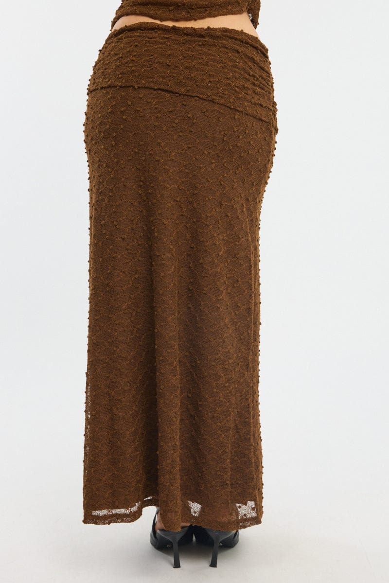 Brown Maxi Skirt Textured Gathered Waist Stretch Lined - Image 4