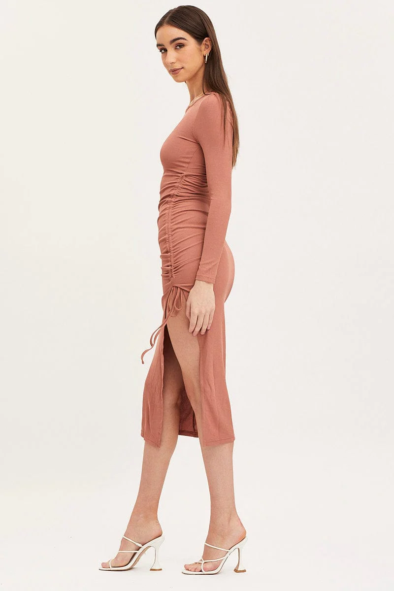 Brown Midi Dress Long Sleeve Bodycon - Image 5