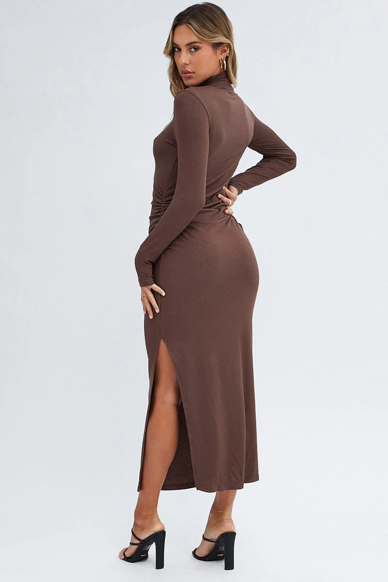 Brown Midi Dress Long Sleeve High Neck Rib Jersey - Image 5