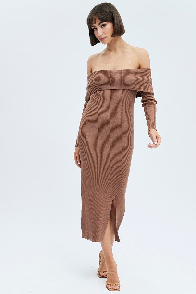 Brown Midi Dress Long Sleeve Off Shoulder Bardot Knit - Image 3