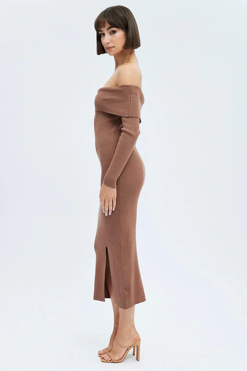 Brown Midi Dress Long Sleeve Off Shoulder Bardot Knit - Image 4